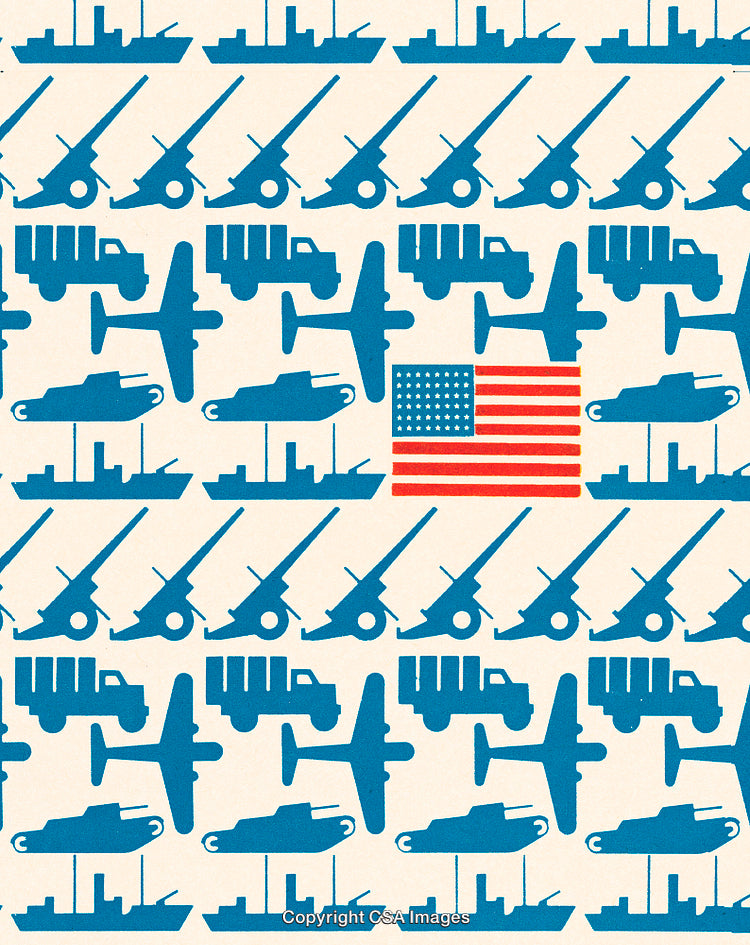 Pattern With Military Vehicles, Artillery, Navy Ships, and American Flag Emblem