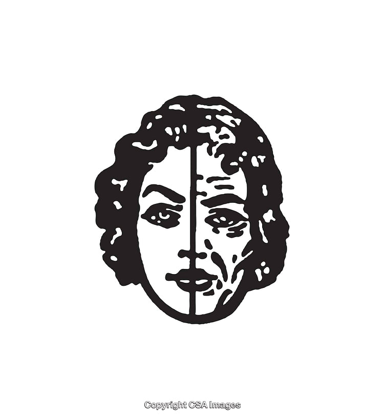 Black and White Illustration of Youth and Aging Faces in Contrasting Halves