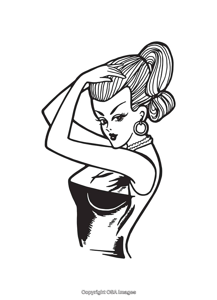 Elegant Vintage Line Art Illustration of a Woman in Retro Style