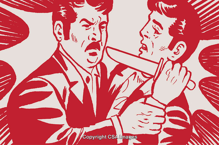 Vintage Comic Style Illustration Featuring Dramatic Criminal Scene in Bold Red