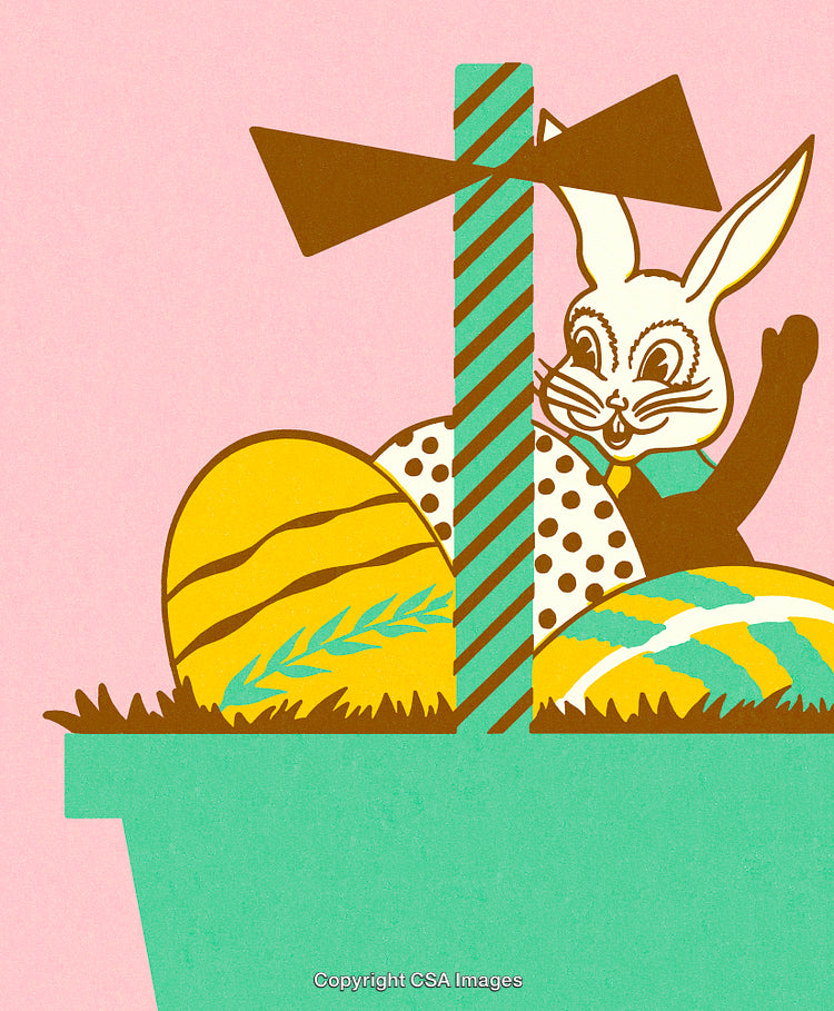 Colorful Easter Illustration Featuring Bunny, Easter Eggs, and Basket