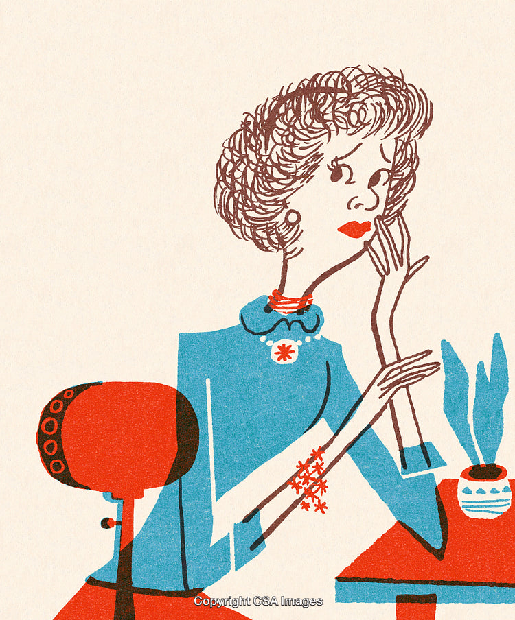 Retro Styled Illustration of a Woman in Thought Beside a Desk