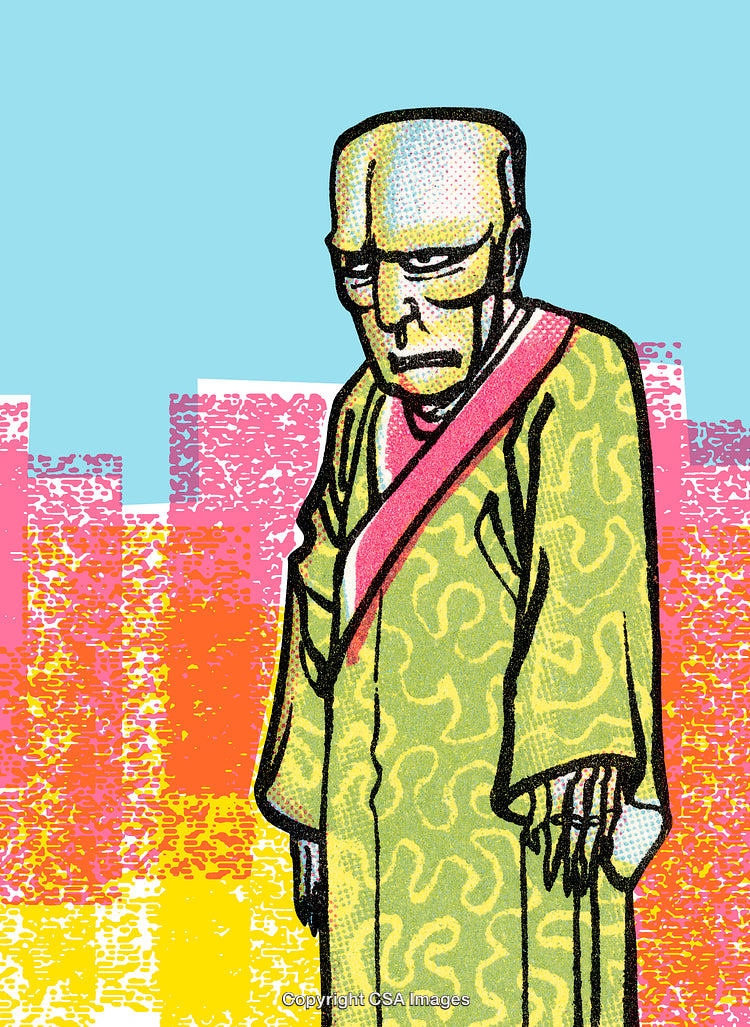 Elderly Character in Artistic Robe with Abstract Background Design