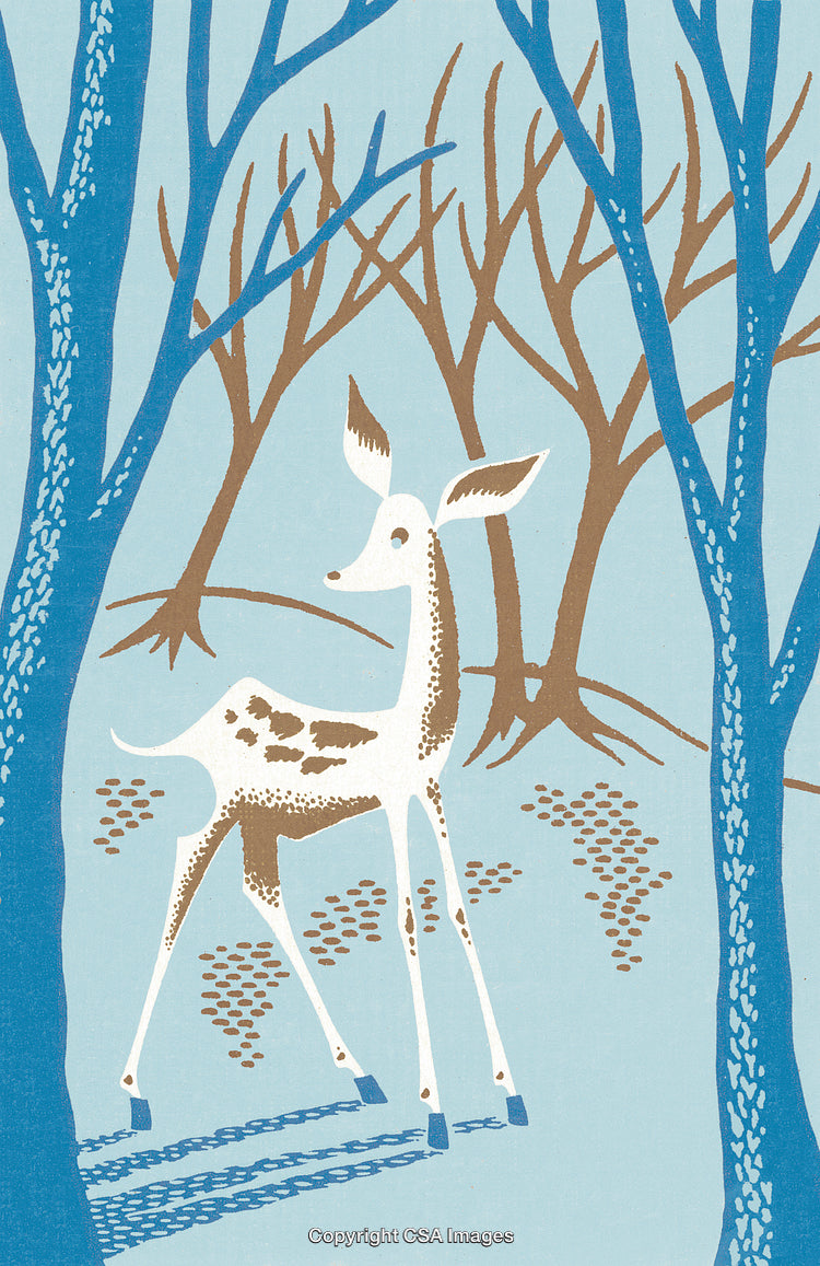 Illustration of a Deer in a Wintery Forest Setting with Tree Silhouettes