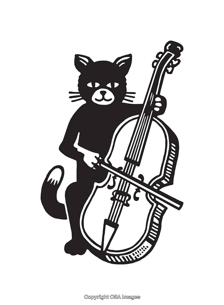 Black and White Art of a Cat Playing a Cello Instrument