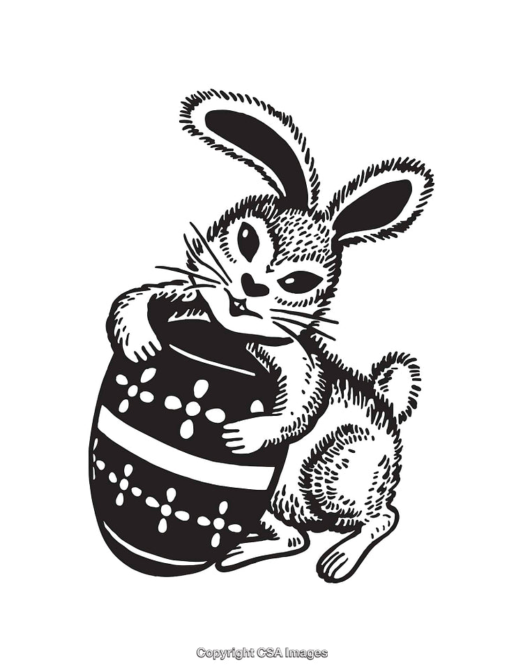 Black and White Illustration of a Bunny Holding an Easter Egg