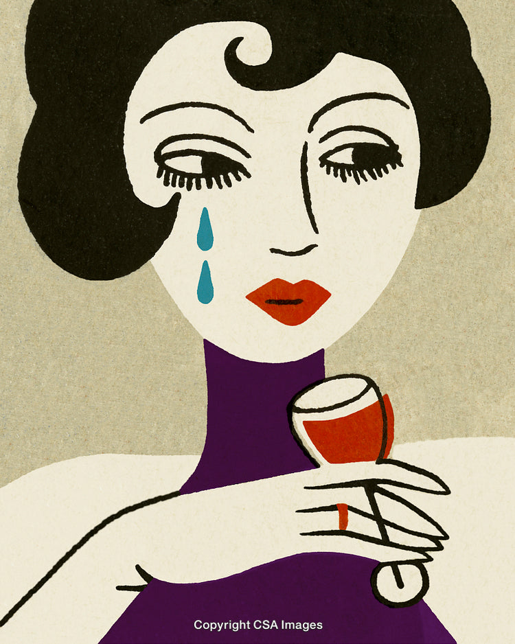 Artistic Illustration of a Woman Holding Wine With a Melancholic Expression
