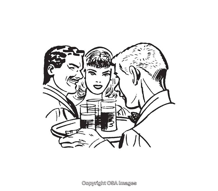 Vintage Line Art Illustration of a Group Socializing in Black and White