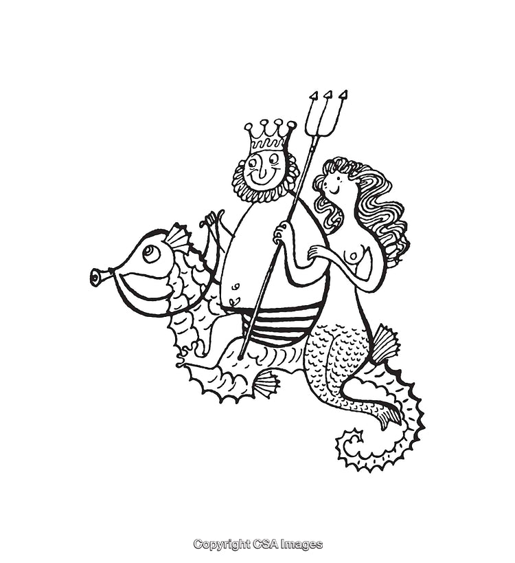 King and Mermaid Riding a Fish in Nautical Line Art Illustration