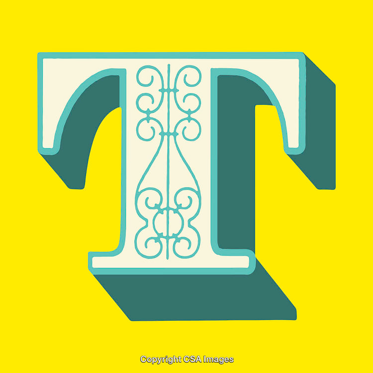 Artistic Representation of the Letter T with Scrollwork Design on Yellow
