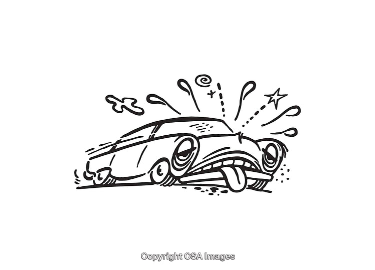 Black and White Line Art Illustration of a Whimsical Cartoon Car