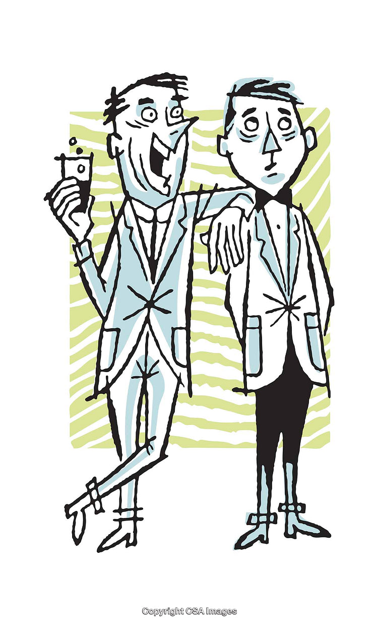 Humorous Illustration of Two Friends in Contrasting Moods at an Event