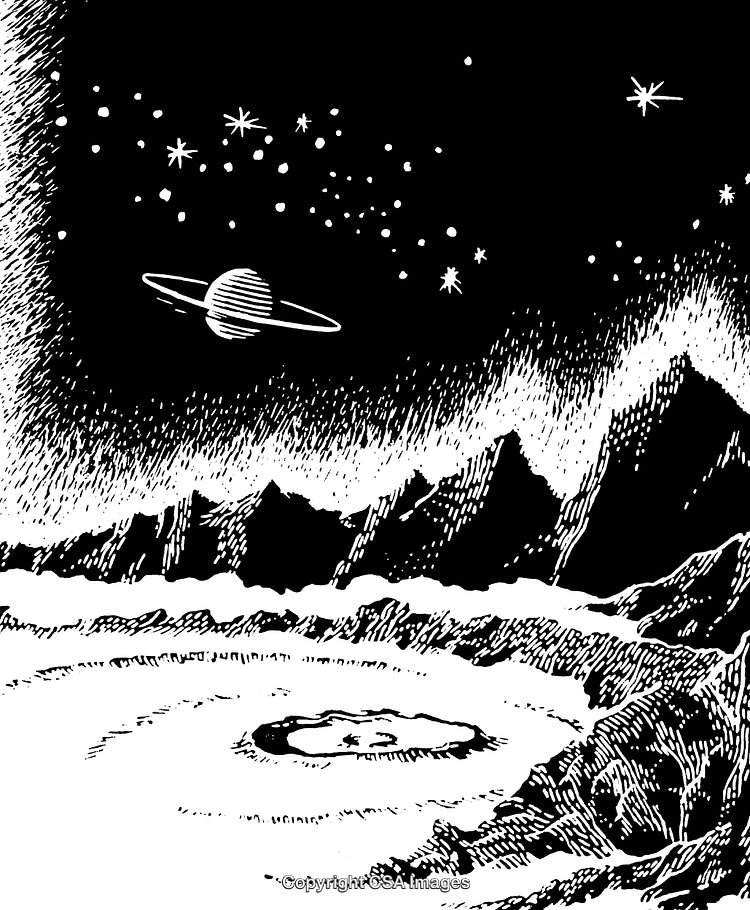 Black and White Engraving of a Mystical Cosmic Landscape with Planet and Stars
