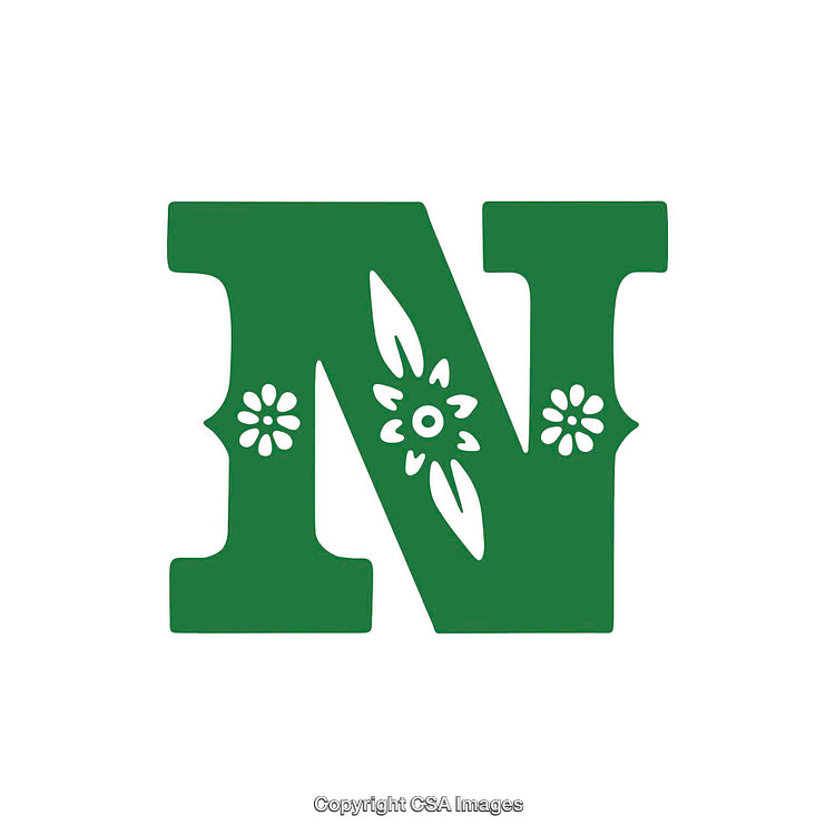 Decorative Green Letter N With Floral Pattern Design on White Background