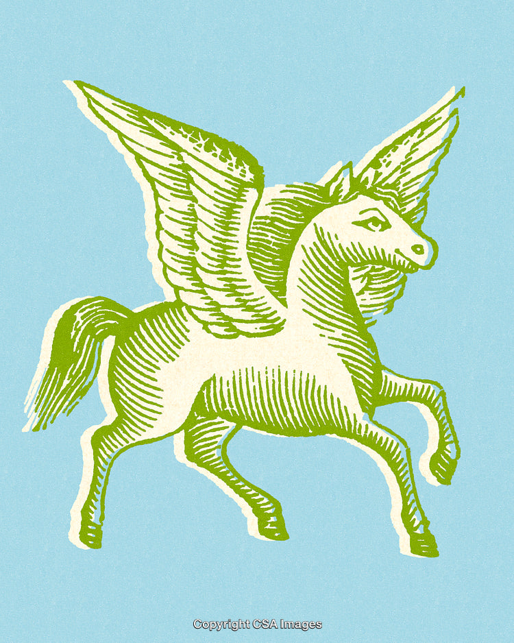 Artistic Illustration of a Mythical Pegasus in Retro Style on Blue Background
