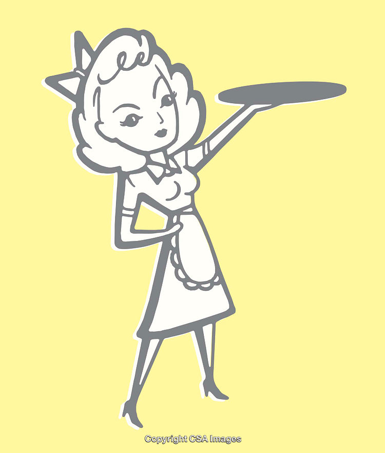 Vintage Style Waitress Illustration with Serving Tray on Yellow Background