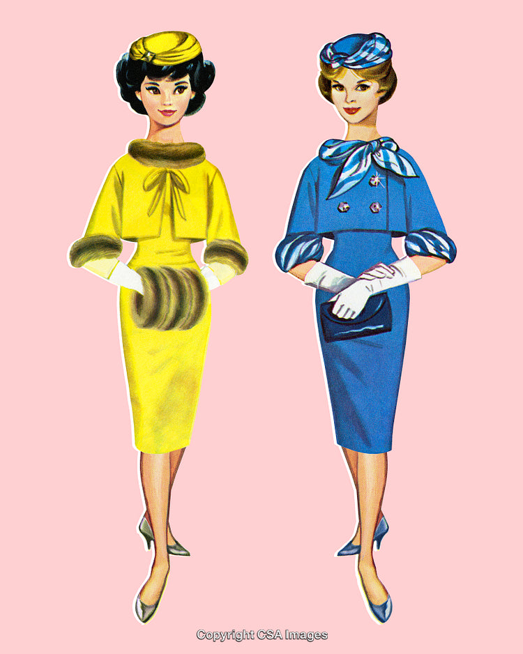 Vintage Fashion Illustration of Elegant Women in Stylish Dresses and Accessories