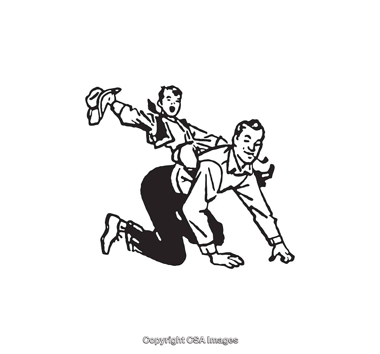 Playful Father Giving Piggyback Ride to Excited Child in Black and White Art