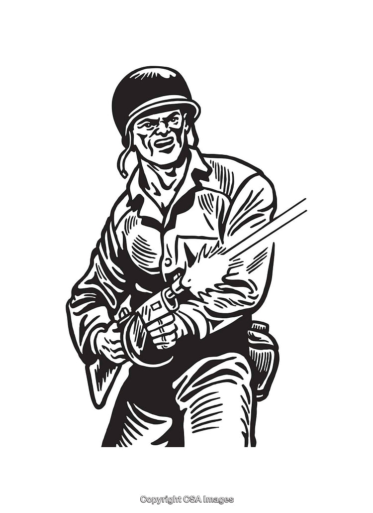 Black and White Line Art of a Soldier in Action with Weapon