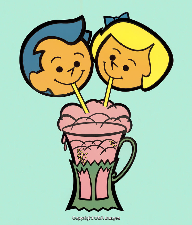 Cartoon Milkshake Shared by Boy and Girl Characters on Straws