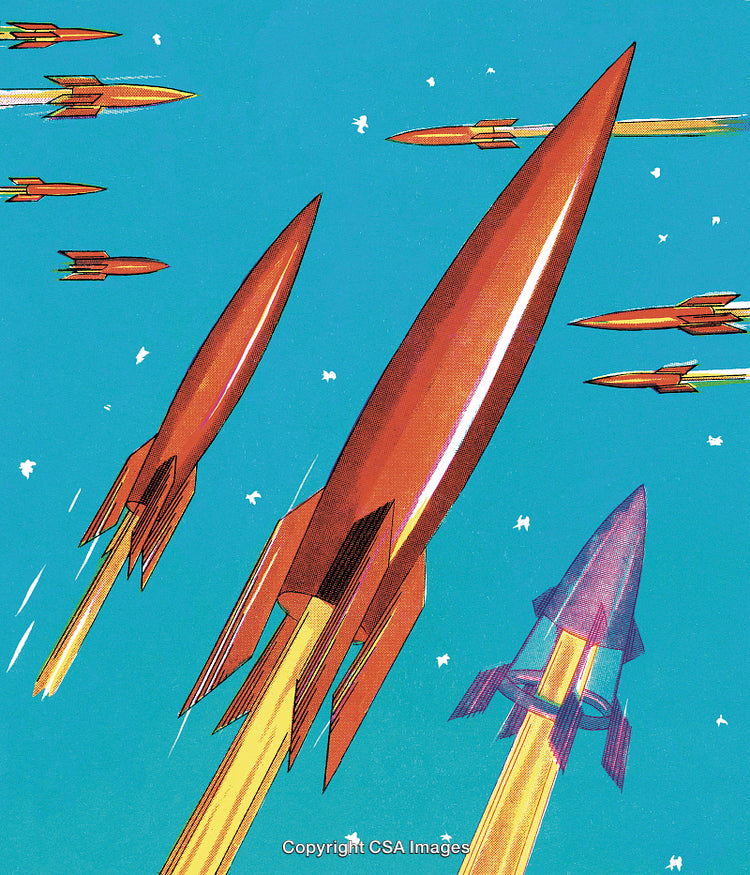 Retro Illustration of Rockets Launching Through a Vibrant Blue Sky