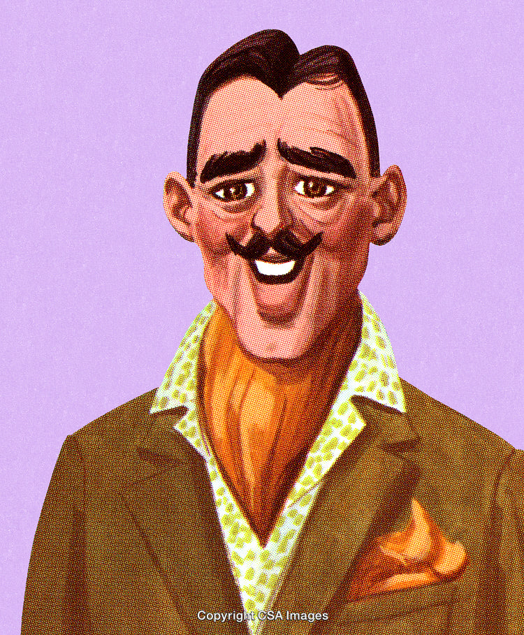Artistic Portrait of Smiling Man With Distinguished Mustache on Purple Background