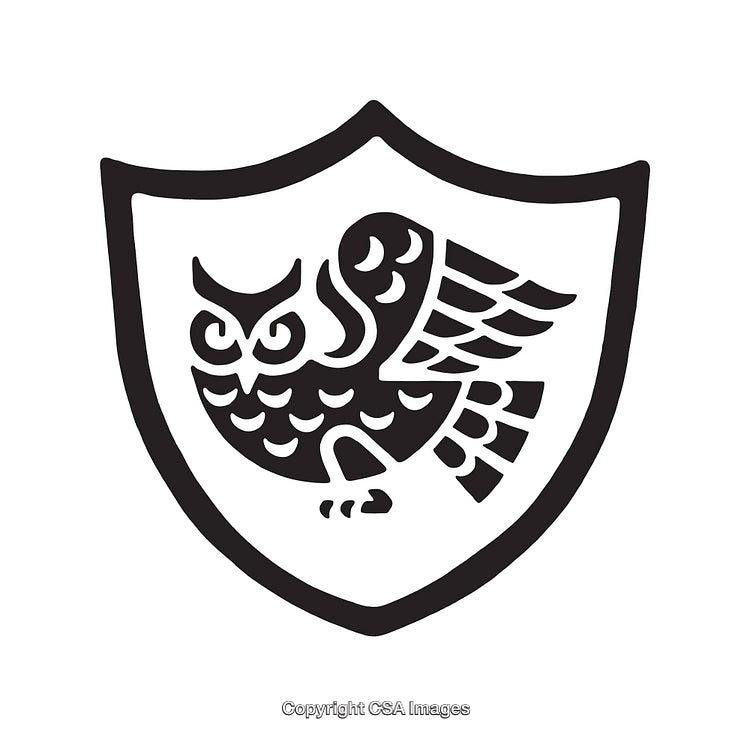 Owl Designed Within a Shield Motif in Black and White Illustration