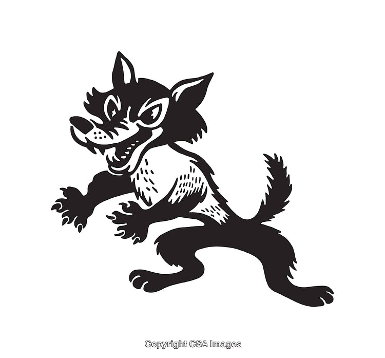 Black and White Line Art Illustration of a Playful Cartoon Wolf