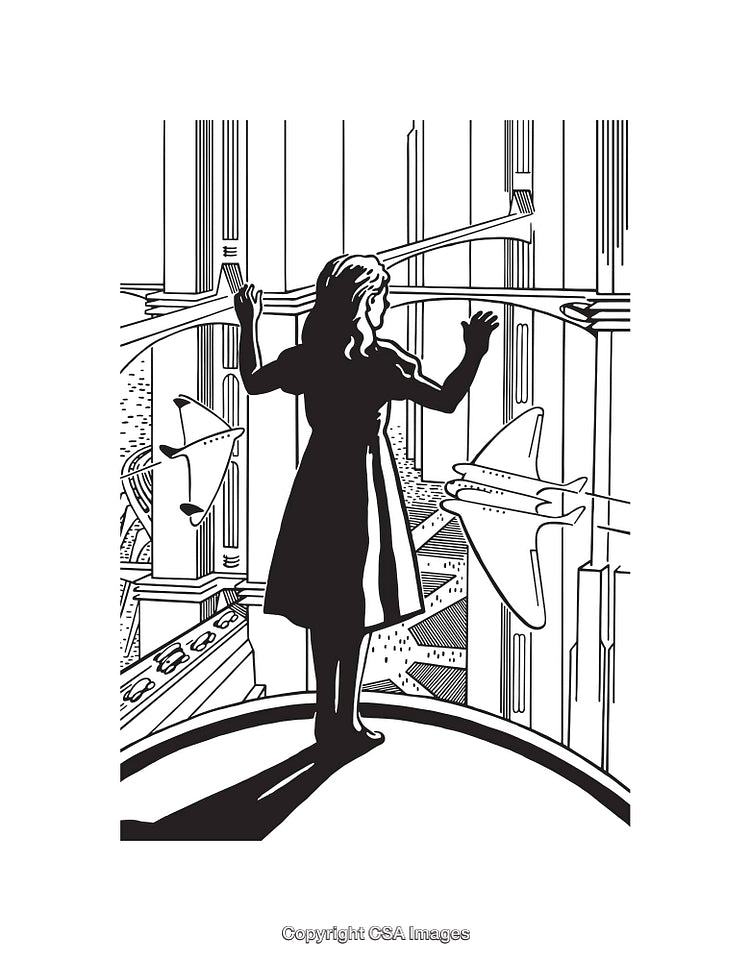 Silhouetted Figure Contemplating a Futuristic Cityscape in Monochrome Line Art