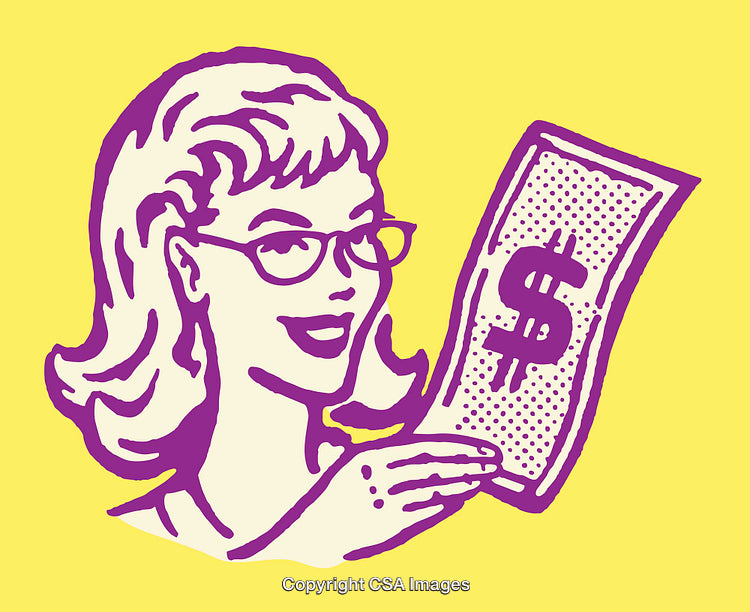 Retro Styled Illustration of Smiling Businesswoman Holding a Cash Money Bill