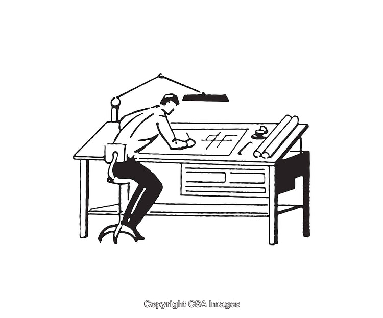Black and White Line Art of Architect Working at Desk