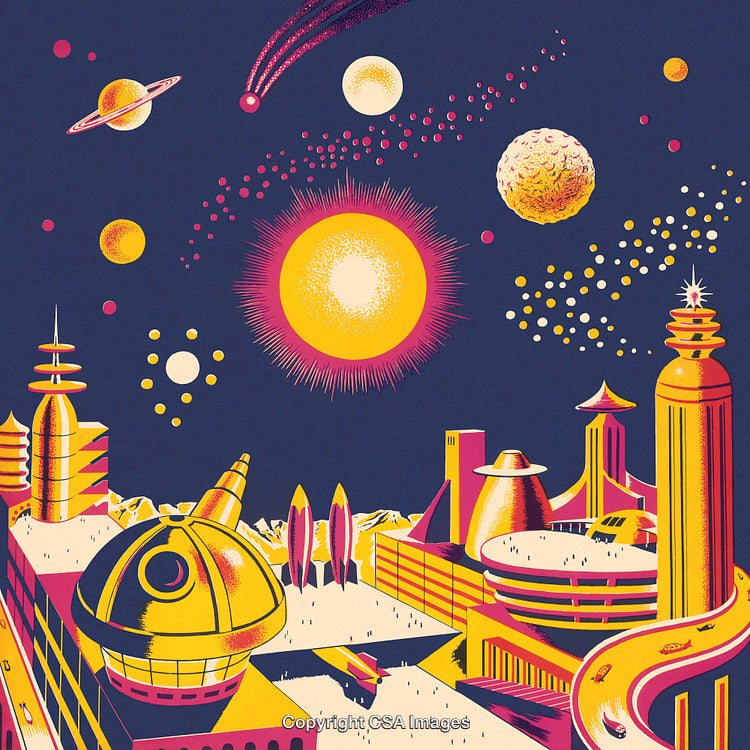 Futuristic Urban Space Scene with Celestial Bodies and Vibrant Colors