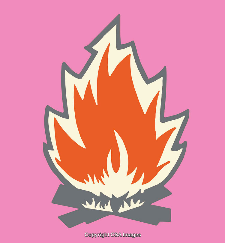 Stylized Campfire Illustration with Bright Colors Against a Pink Background