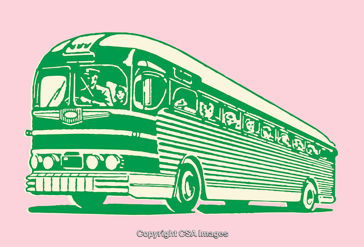 Colorful Line Art Illustration of a Retro Bus With Passengers