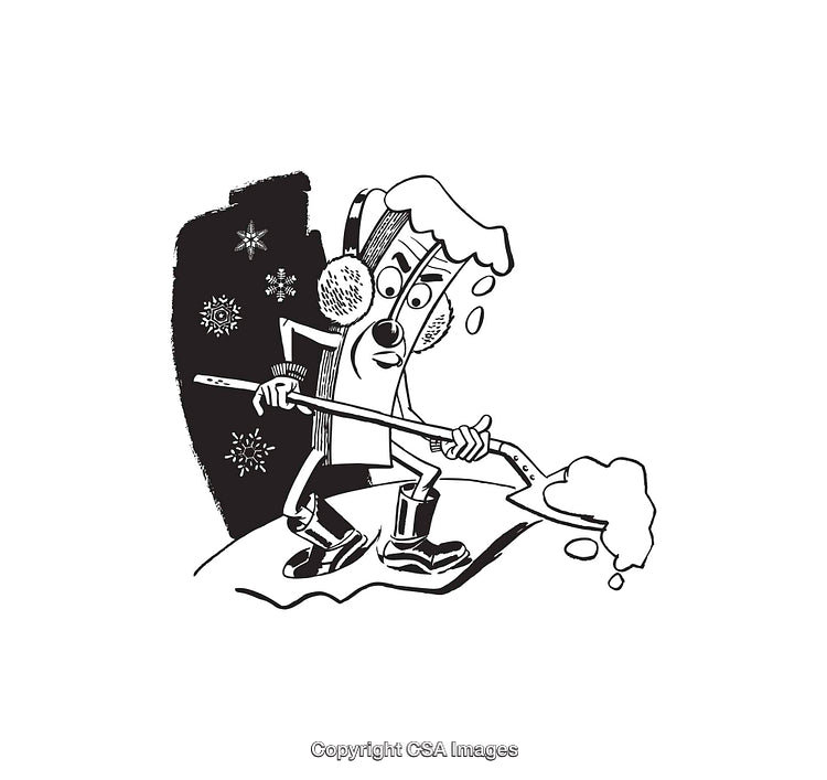 Cartoon Character Shoveling Snow During Winter Weather in Black and White Illustration