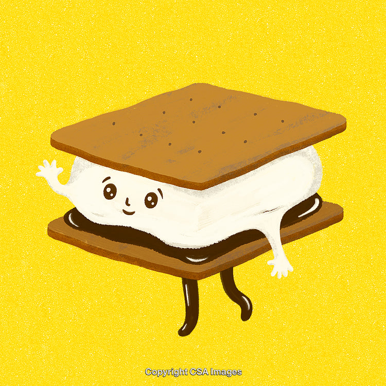 Adorable Smores Illustration with Smiling Marshmallow on Bright Yellow Background