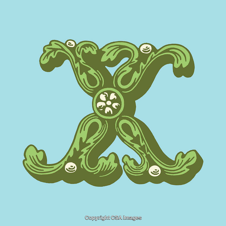 Ornate Floral Designed Letter X with Green Leaves on Blue Background