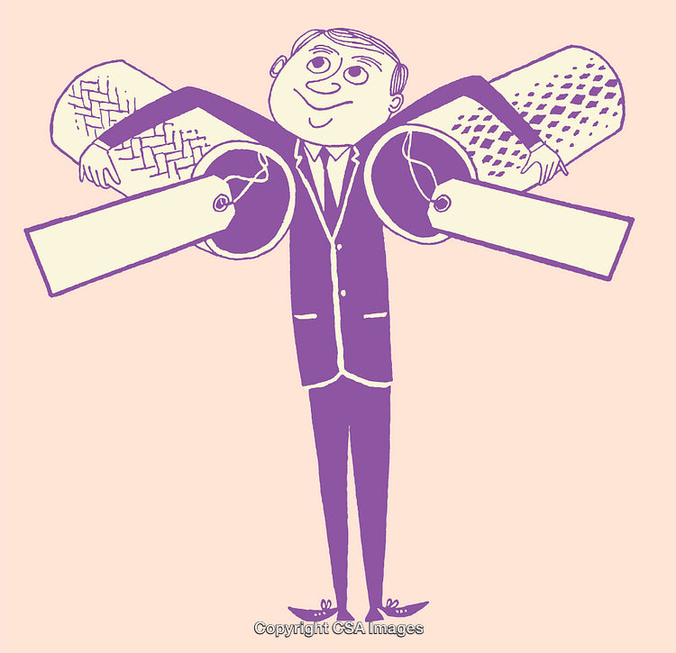 Whimsical Businessman Holding Fabric Rolls with Price Tags