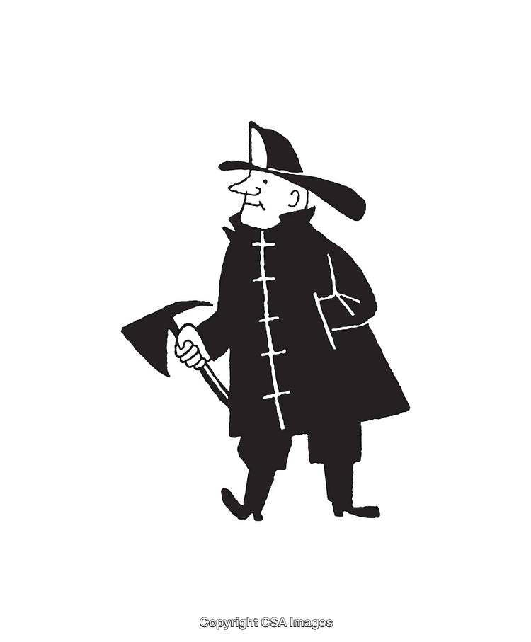 Black And White Illustration of a Cartoon Firefighter Holding an Axe