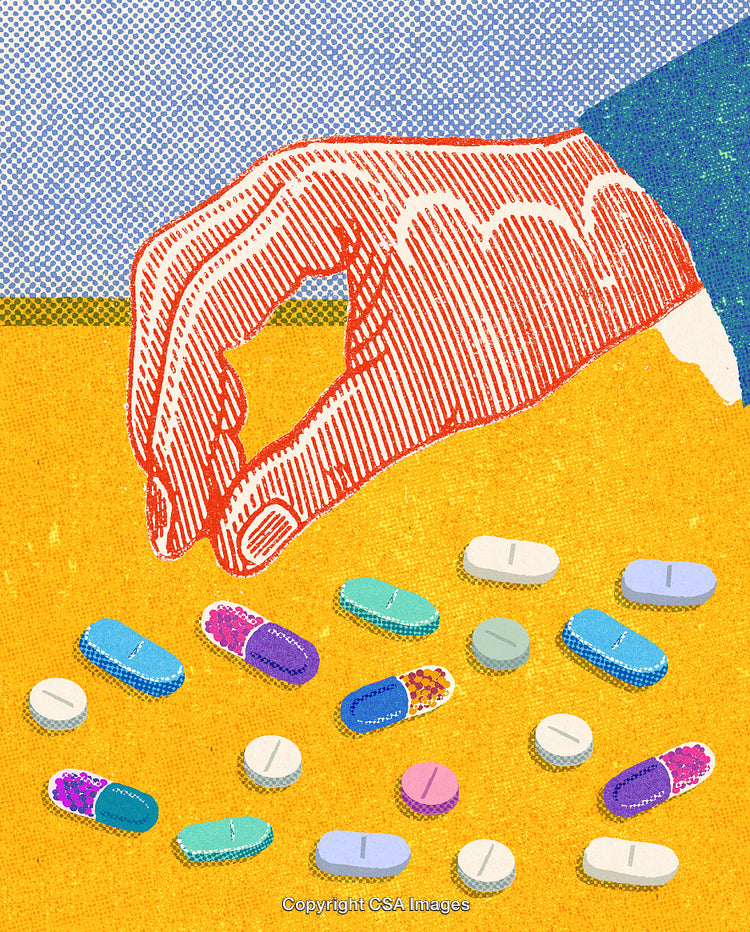 Illustrated Hand Picking Pills on Vibrant Background