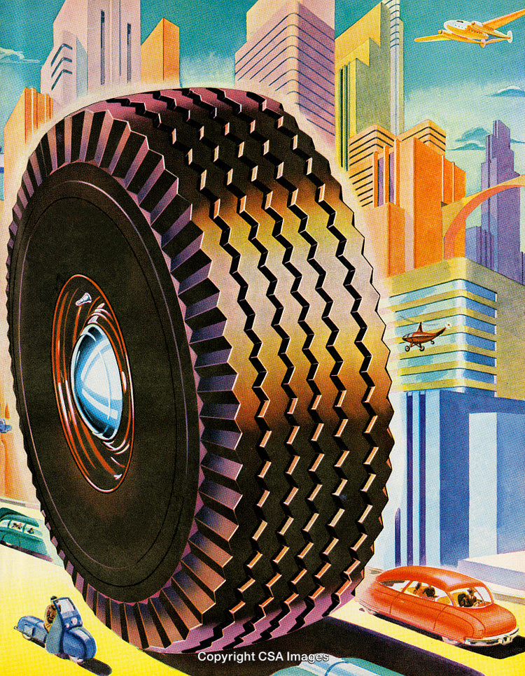 Conceptual Cityscape with Gigantic Tire and Futuristic Transportation