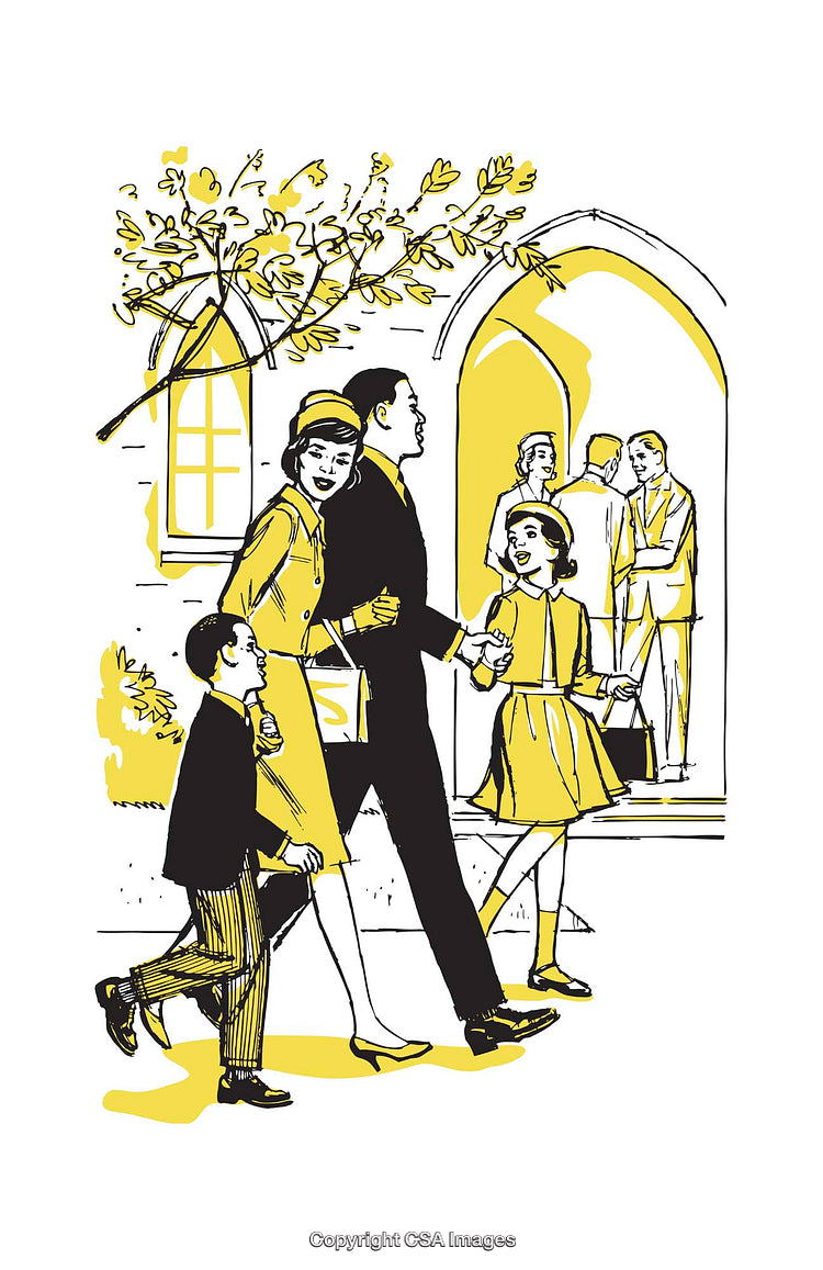 Vintage Illustration of a Family Walking Together Near a Church