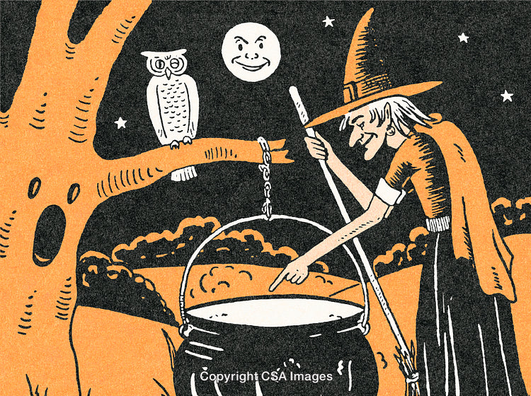 Halloween Witch Stirring Potion Under Full Moon in Spooky Night Setting