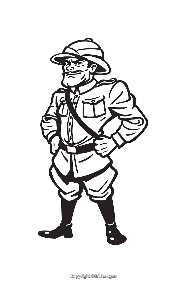 Cartoon Explorer in Safari Outfit with Bold Pose Illustrated in Black and White