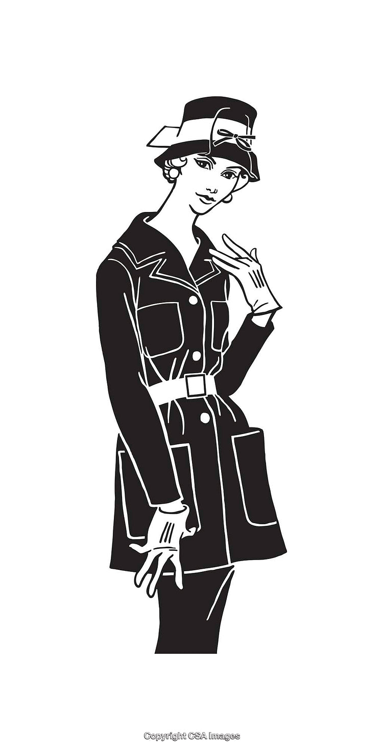 Elegant Woman in Vintage Line Art Illustration with Fashionable Style