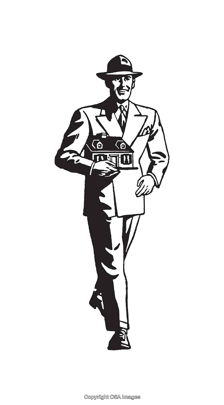 Retro Styled Black and White Illustration of a Businessman Holding a House Model