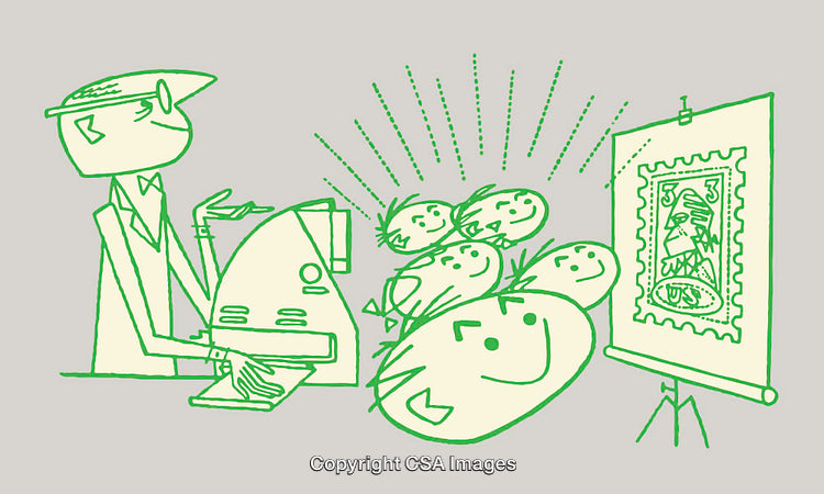 Vintage Inspired Line Art Depicting Education Through Microscope and Projector