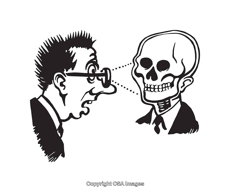 Black and White Line Art of a Man Seeing a Skeletal Reflection