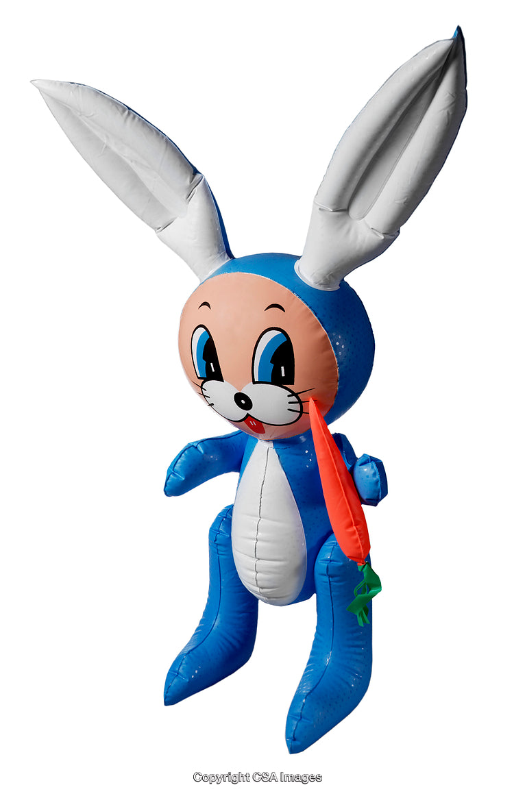 Colorful Inflatable Rabbit Toy Holding a Carrot on White Background