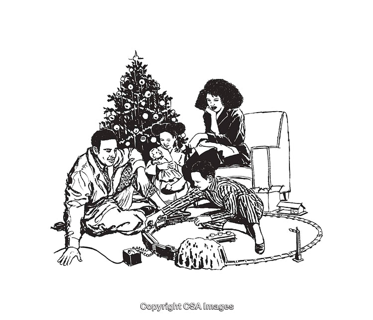 Family Enjoying Holiday Cheer Around Christmas Tree and Train Set